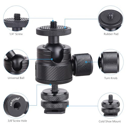 ARTCISE Mini CNC Machining Tripod Ball Head - Portable Aluminum Alloy 360 Rotating Head for Phone & Light Camera, Max Load 6.6lbs/3kg