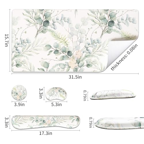 QIYI Leather Desk Mat Set, 4-in-1 Large Mouse Pad with Ergonomic Wrist Rest, Waterproof Desk Pad + Keyboard Wrist Rest +Mouse Wrist Support+Coaster, Non-Slip Office Gaming Accessories, Eucalyptus Leaf - color: Eucalyptus Leaf