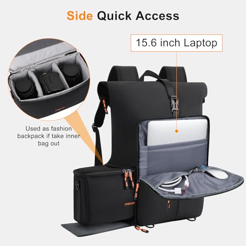 MOSISO Camera Backpack with Camera Bag Insert, Photography Backpack with Expandable Roll Top Compartment, Soft Camera Padded Bag Insert with Rain Cover&Shoulder Straps for Canon/Nikon/Sony, Black