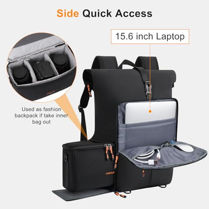 MOSISO Camera Backpack with Camera Bag Insert, Photography Backpack with Expandable Roll Top Compartment, Soft Camera Padded Bag Insert with Rain Cover&Shoulder Straps for Canon/Nikon/Sony, Black