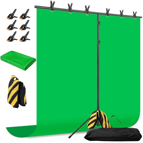 Green Screen Backdrop with Stand, 8x5.3ft Portable Greenscreen Background with Stand, T-Shape Green Screen Stand kit with 6 Spring Clamps, Sandbag, Carry Bag for Zoom, Video - size: 8x5.3 FT