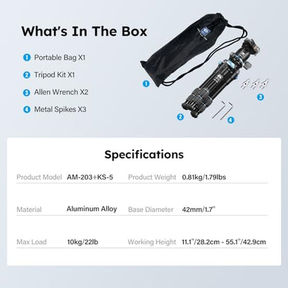 SIRUI Mini Tripod with 360° Panoramic Ball Head, Tabletop Travel Tripod for Camera, Quick Release System, Max Load 33lbs/15KG, Max Height 16.7”, AM-203+KS-5 (AM-203+KS-5) - size: AM-203+KS-5