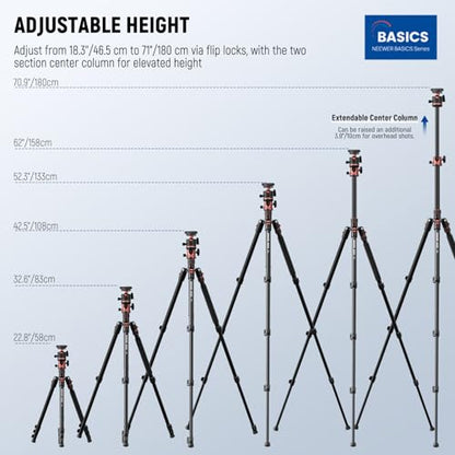 NEEWER Basics 70.9" Camera Tripod Monopod with Center Column & Ball Head, Quick Release Overhead DSLR Cell Phone Holder Stand Compatible with iPhone Travel Video Recording, 17.6 lbs Max Load, TP16 - style: TP16 w/Ball Head