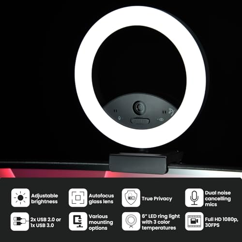 Arozzi - Occhio True Privacy Webcam with Adjustable LED Ringlight - Magnetic Privacy Cover, Dual Omni-Directional Noise Cancelling Microphones with Manual Circuit Breaker, and Full HD - style: Webcam with Ring Light