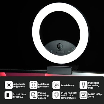 Arozzi - Occhio True Privacy Webcam with Adjustable LED Ringlight - Magnetic Privacy Cover, Dual Omni-Directional Noise Cancelling Microphones with Manual Circuit Breaker, and Full HD - style: Webcam with Ring Light