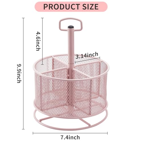 Marbrasse Mesh Desk Organizer, 360-Degree Rotating Multi-Functional Pen Holder, 4 Compartments Desktop Stationary Organizer, Home Office Art Supply Storage Box Caddy (Pink) - color: Pink