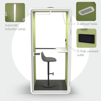 Quiet Meeting Pod with Acoustic Panels, Office Soundproof Room with Furniture, Portable Removable Working Booth for Private Phone Calling, Study, Individual Seater Personal Office H92in W43in D40in - color: Green S