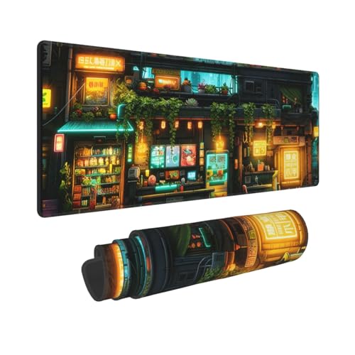 Japanese Neon Lights Large Gaming Mouse Pad, Long Extended Full Mouse Mat Desk Pad for Top Keyboard Table, Aesthetic Stitched Waterproof XL Mousepad Gifts for Women Office Decor, 31.5 * 11.8 in - color: Japanese Neon Lights