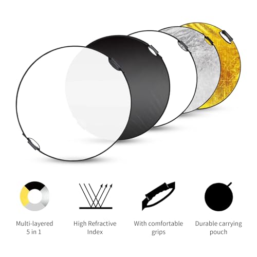 REFLEX CAMERA 5-in-1 Round Photography Reflector 60cm (23.6in) | Gold Silver White Black Translucent Surfaces | Dual-Handle Collapsible Light Reflector with Carrying Case for Studio & Outdoor Use - size: 60cm/23"