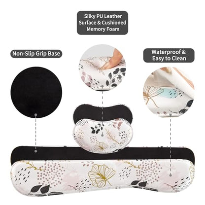 QIYI Leather Desk Mat Set, 4-in-1 Large Mouse Pad with Ergonomic Wrist Rest, Waterproof Desk Pad + Keyboard Wrist Rest + Mouse Wrist Support+Coaster, Non-Slip Office Gaming Accessories, Botanical Leaf - color: Botanical Leaves
