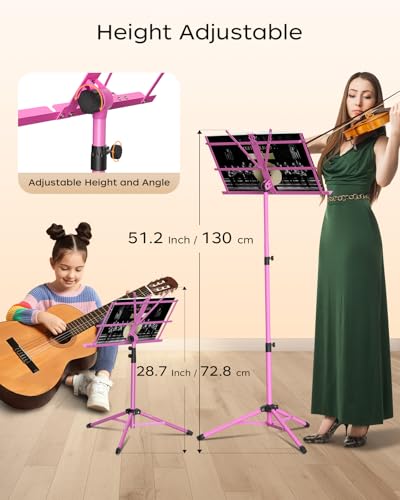 K KASONIC - Music Stand, 2 in 1 Dual-Use Folding Sheet Music Stand & Desktop Book Stand, Portable, Lightweight with Music Sheet Clip Holder & Carrying Bag Suitable for Instrumental Performance (Pink) - color: 1 Pack Pink