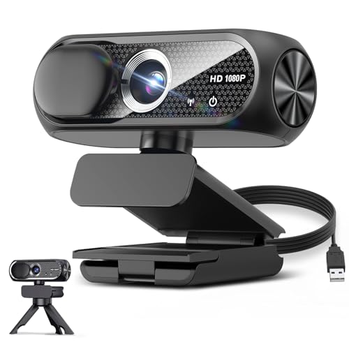 1080P HD Webcam with Rotatable Tripod and Mic, Noise Cancellation, Privacy Cover, Wide-Angle Lens, Auto Light Correction, Plug & Play USB Webcam for Laptop, Desktop, PC, Mac, Zoom, Skype, Streaming - color: 1080P-Tripod-Classic Black