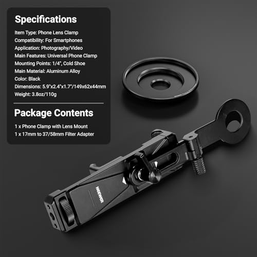 NEEWER Phone Holder with 17mm Phone Adapter & 17–37/58mm Filter Ring, Universal Adjustable Phone Tripod Mount Accessories Compatible with iPhone 17 Pro Max 16 S25 Ultra, PA047 PRO - style: PA047 PRO