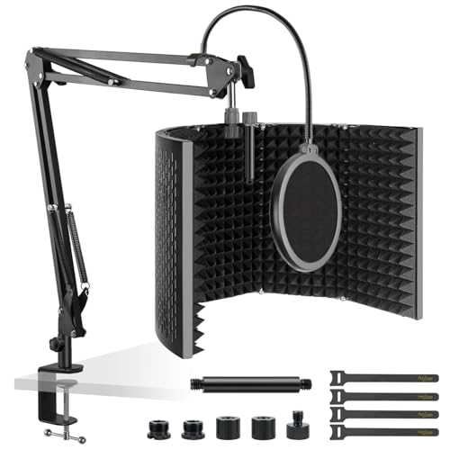 Microphone Isolation Shield, 5 Panels Foldable Mic Sound Shield with Adjustable Mic Boom Arm and Pop Filter, High Density Absorbent Foam for Most Mic Recording, Vocal and Podcasts