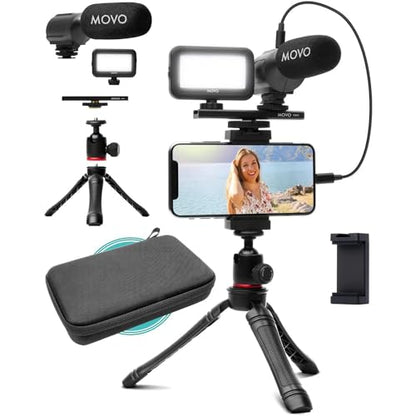 Movo iVlogger Vlogging Kit for iPhone - Lightning Compatible YouTube Starter Kit for Content Creators - Accessories: Phone Tripod, Phone Mount, LED Light and Shotgun Microphone - size: Lightning