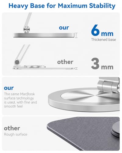 Phone Stand for Desk, 360° Rotating Dual Adjustable Foldable Holder, Heavy Solid All-Aluminum Base Anti-Slip Stable Support for Home Office Study, Fits iPhone Galaxy 4-8" Phones (Silver) - color: Silver