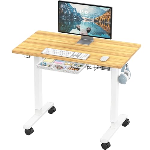 SHW 40-Inch Mobile Electric Height Adjustable Sit to Stand Desk with Drawer, Hanging Hooks and Cable Management, Oak - color: Oak