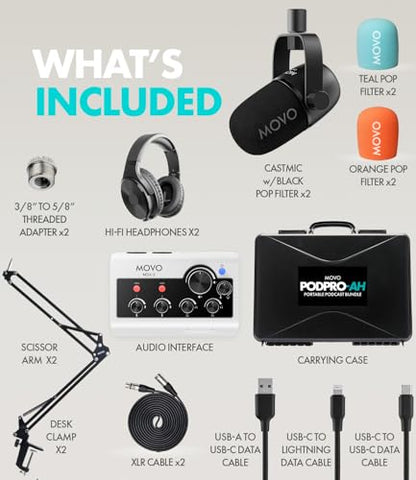 Movo Portable Podcast Equipment Bundle for iPhone/Android Phones- Podcast Kit with Audio Interface, 2 CastMic Dynamic Mics, 2 Stands - For Smartphones, Computers (with Boom Arms and Headphones)