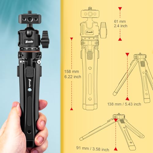 Zeadio Heavy Duty Metal Tripod Kit: with 360° Ball Head Mount, Phone Clip & Action Camera Adapter, 1/4" Screw Adapter Tripod Mount for iPhone/Android Smartphone, Vlog, Camera, Gimbal, Action Cam etc - style: Dual Cold-shoe Ball Head