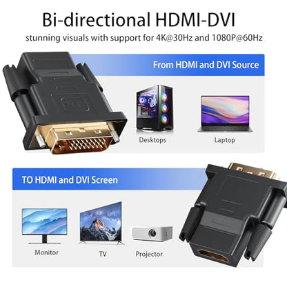 DVI to HDMI Adapter, 3-Pack Bi-Directional DVI(24+1) Male to HDMI Female with Gold-Plated Cord，Support 1080P for Computer, Monitor, Projector, TV, PS3/4/5 Nintendo Switch