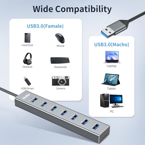 atolla Aluminum 7-Port USB 3.0 Hub with 1m Extension Cable - 5Gbps High-Speed Data Transfer for MacBook Pro, Laptop, PC, Gaming Setup-Gray - color: Gray