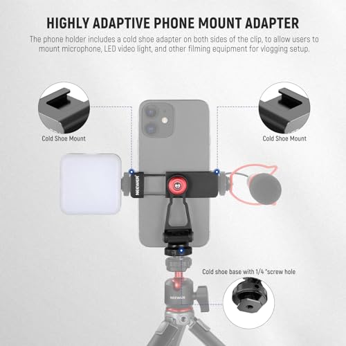 NEEWER Metal Phone Tripod Mount Adapter with Cold Shoe Base, 360° Phone Holder with 2 Cold Shoe Mount for Video Light and Mic for Vlogging, Universal Compatible with iPhone Samsung Huawei, PA001 - style: PA001