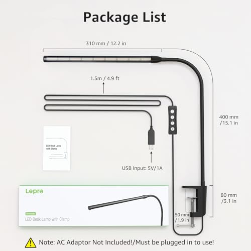 Lepro Clip on Desk Lamp LED Reading light Dimmable USB Small Clamp Lamp with 3 Color Modes 10 Brightness, Adjustable Flexible Gooseneck Table Light for Bed Headboard, Nail, Home Office,Computer(Black) - color: Black