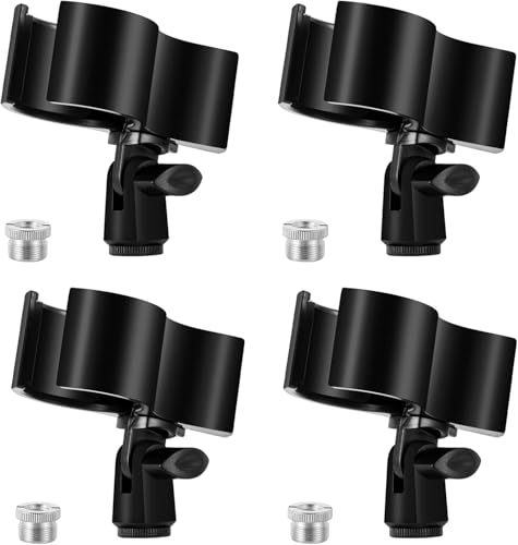 BILIONE Large Microphone Clip for Mics with Outer Diameter 1.26" to 2.3" | Adjustable Mic Holder, Premium ABS, Inside sponge to protect microphones, With 5/8" Male to 3/8" Female Screw Adapter - color: black, size: 4 Pack