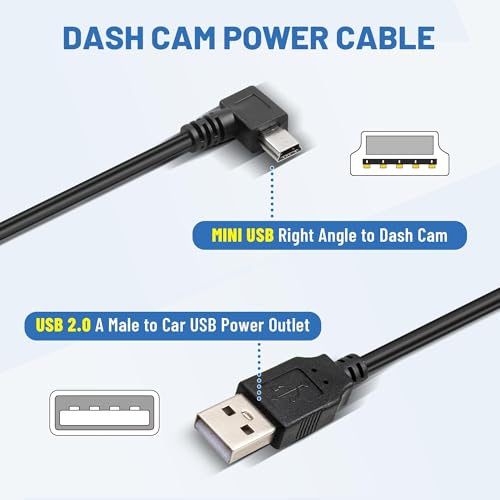 EWAY Mini USB Dash Cam Power Cable 13ft, for Rexing V1 Pro V5 V3 Byakov S6 Rove R2-4K Dashcam Dashboard Camera Recorder, USB 2.0 A to 90 Degree Right Angle Mini-B Charging Cord Car Charger Adapter