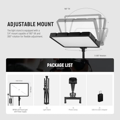 NEEWER Basics 2Pcs LED Video Light Panel with 59'' Tripod Stands/Phone Holders, 2700-6500K 850Lux Dimmable Plastic Studio Lighting for Photography Filming Recording Live Streaming, No Adapter, BP300