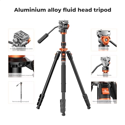 K&F CONCEPT 83" Camera Video Tripod for DSLR, Compact Aluminum Tripod with 360° Panorama Fluid Head for Travel, Video, Live Streaming, Vlogging, Payload 11lb