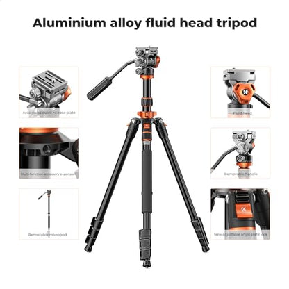 K&F CONCEPT 83" Camera Video Tripod for DSLR, Compact Aluminum Tripod with 360° Panorama Fluid Head for Travel, Video, Live Streaming, Vlogging, Payload 11lb