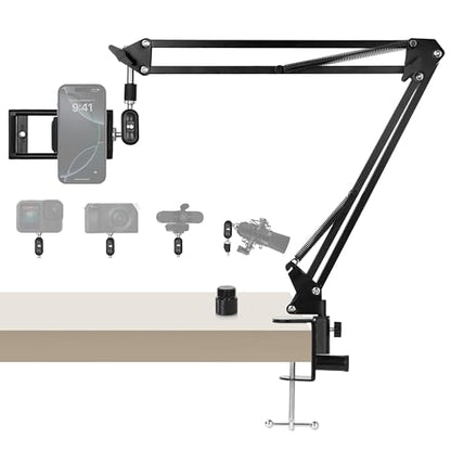 30" Magic Arm Holder w Clamp - Overhead Phone Mount for Desk, Smooth 360° 1/4" & 5/8" Thread Webcam Stand for Phone, Tablet, Webcam, Mic, Camera - Content Creators & Streaming