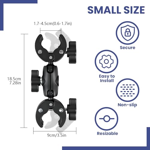 Double Ball Head Camera Clamp - Adjustable Mounting Bracket with Pliers-Style Grips for Photo Studio Equipment, Light Stands, Reflectors, Monitors, and Golf Cart Crossbars（6-9inch）