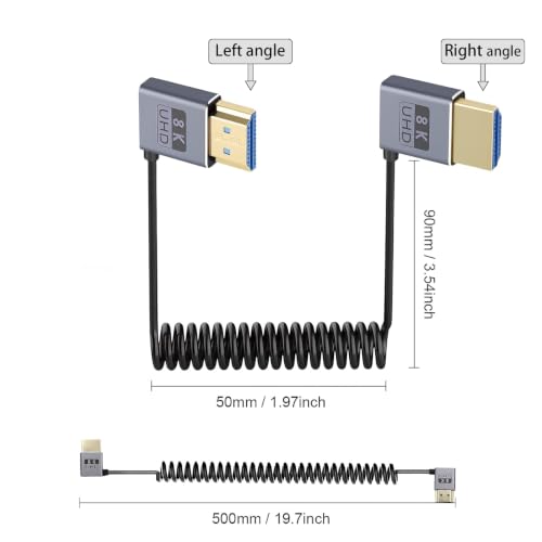 Duttek Coiled HDMI Cable1 FT-1.5FT 8K 60fps, 4K 120fps, Extremely Thin Left Angle to Right Angle HDMI Coiled Cable Short 480Gbps for ATOMOS Ninja V Sony A7siii Canon C300 C500 Ronin RS2 Monitor Camera
