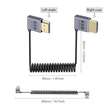 Duttek Coiled HDMI Cable1 FT-1.5FT 8K 60fps, 4K 120fps, Extremely Thin Left Angle to Right Angle HDMI Coiled Cable Short 480Gbps for ATOMOS Ninja V Sony A7siii Canon C300 C500 Ronin RS2 Monitor Camera