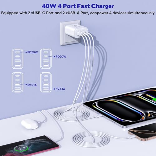 2Pack iPhone 17 16 15 Pro Max Fast Charging Block,6FT USB C to C Woven Cable Cord 40W USB C Apple Charger 4 Port PD&AC Charger Block Fast Charging for iPhone 17 Air/16e/17/16 /15 Plus/Pro/Pro Max/iPad - size: 6FT C-C