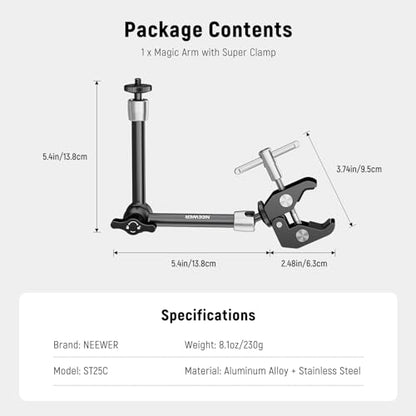 NEEWER 9.8"/25cm Adjustable Magic Arm with Super Clamp, 1/4" & 3/8" Threads, 1/4" Screws for Flash/LED Light/Microphone/Monitor, Compatible with SmallRig Camera Cage, Max Load: 3.3lb/1.5kg, ST25C - style: 9.8"/25cm w/Clamp