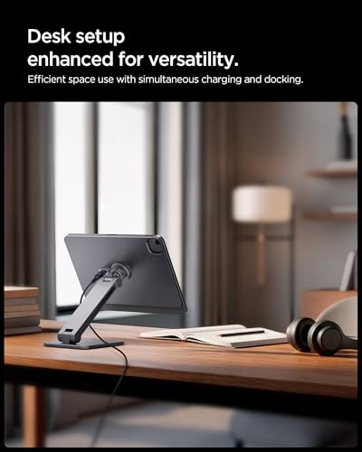 Spigen for Magnetic Wireless Charging Stand Compatible with iPad Pro 11" M5 (2025) & M4 (2024), Foldable Adjustable Aluminum Pogo Pin Charger Tablet Holder Desk Mount - Space Gray (LD207W2) - size: iPad Pro 11" M5 (2025) / M4 (2024)