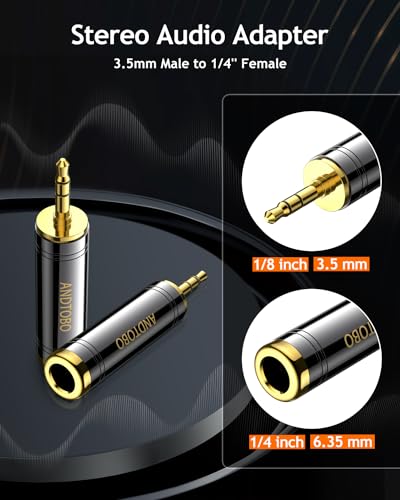 ANDTOBO 1/4'' to 3.5 mm Stereo Pure Copper Headphone Adapter, 3.5 mm(1/8'') Plug Male to 6.35 mm (1/4'') Jack Female Stereo Adapter for Headphone, Amp Adapter, Black 2-Pack