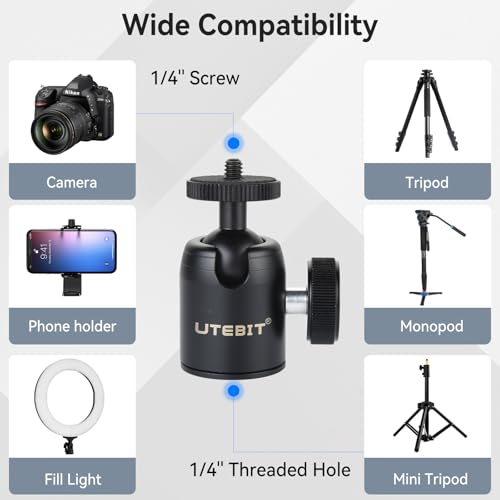 UTEBIT Mini Ball Head, with 3/8" to 1/4" Adapter Ballheads Black | 360° Pan 90° Tilt Tripods Mount with 24mm Ball Head Metal Low Profile, Camera Mount Adapter Holder for Phone/DLSR Camera - style: 24mm Ball Head