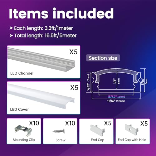 Muzata 5Pack 3.3FT/1M LED Channel Aluminum U Shape Silver LED Strip Diffuser Channel with Milky White Cover Easy Installation U1SW WW 1M - size: 5Pack