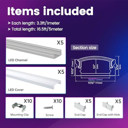 Muzata 5Pack 3.3FT/1M LED Channel Aluminum U Shape Silver LED Strip Diffuser Channel with Milky White Cover Easy Installation U1SW WW 1M - size: 5Pack