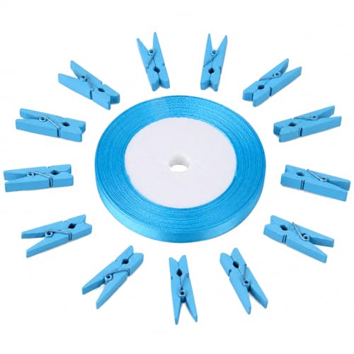 jijAcraft 100Pcs Mini Clothespins with Ribbon, 1.4Inch Mini Wooden Clothes Pins with 25Yds Blue Ribbon, Blue Photo Clips, Small Baby Shower Decor Clips, Crafts Clothespins for Wedding, Birthday - color: Blue