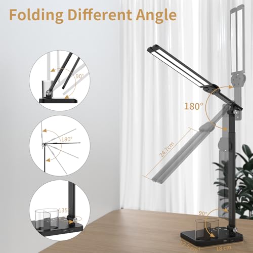 Woputne LED Desk Lamp, Dual Heads, Height Adjustable, USB Charging Port, 5 Light Modes & Dimmable Brightness, Bedside Lamp for Reading, Craft, Work, Study (Black, 15W)