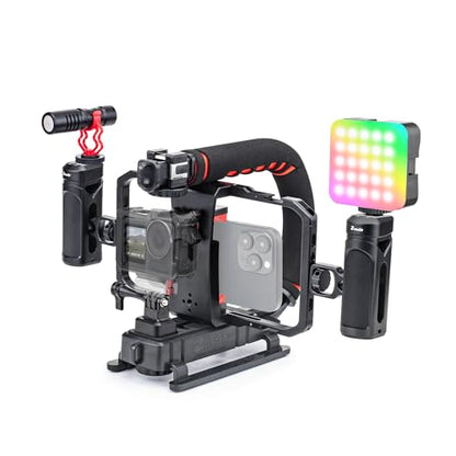 Zeadio All-in one Smartphone Camera Stabilizer Kit, Portable Handheld Video Rig with Aluminum Smarphone Cage Rig, RGB Video Light and Microphone for All Camera DSLR Smartphones etc - style: Pro Kit