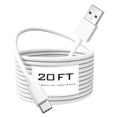 Long USB C Cable 20Ft, White Premium TPE USB A to Type C Cable Charger Cord Fast Charging for iPhone 16 15 Series Samsung Galaxy, Note, LG, Moto, Pixel and Other USB-C Device - color: White, size: 20FT