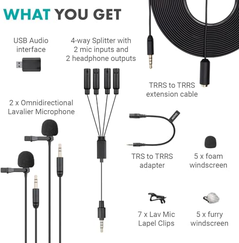 Movo VersaLav-V2 Lavalier Microphone Set for Smartphones, Computer, DSLR or Mirrorless Camera with Two Lapel Microphones, Splitter, Extension Cord, Clip-on Lav Mics for Video, Podcast, Vlog, Interview