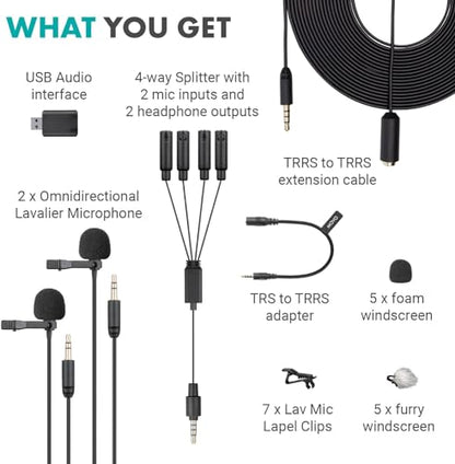 Movo VersaLav-V2 Lavalier Microphone Set for Smartphones, Computer, DSLR or Mirrorless Camera with Two Lapel Microphones, Splitter, Extension Cord, Clip-on Lav Mics for Video, Podcast, Vlog, Interview