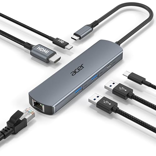 acer 6 in 1 USB C Hub with Ethernet, 4K@60Hz USBC to HDMI Multiport Adapter, 100W PD Charging, USB A/USB C Data Ports USB C Splitter for MacBook Neo/Pro M5/Air, Acer, iPad, iPhone 17/16/15